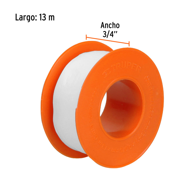 Cinta sella roscas 3/4' X 13 m de largo, uso general, Truper Código: 12513
