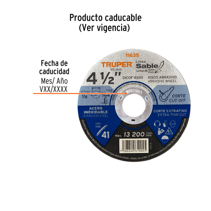 Disco Tipo 41 de 4-1/2' x 1 mm corte fino acero inox, Sable 11635 DICOF-4510I