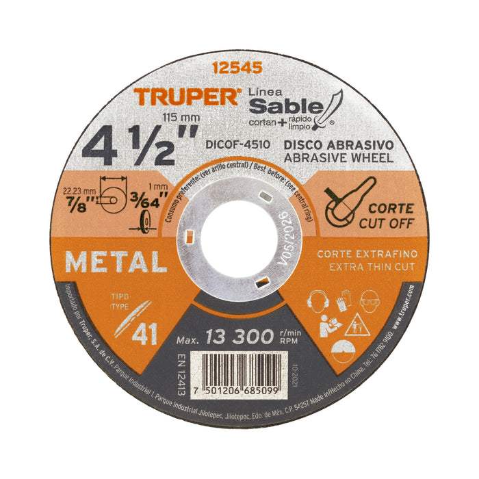 Disco Tipo 41 de 4-1/2' x 1 mm corte fino de metal, Sable 12545 DICOF-4510