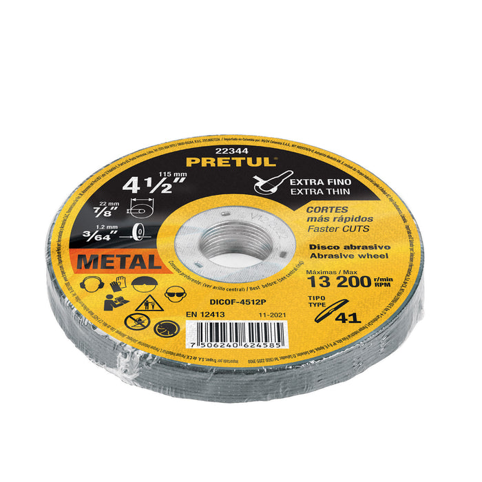 Disco Tipo 41 de 4-1/2' x 1.2 mm corte fino de metal, Pretul 22344 DICOF-4512P