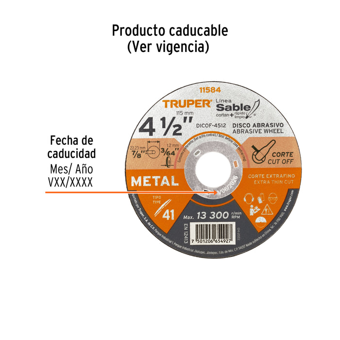 Disco Tipo 41 de 4-1/2' x 1.2 mm corte fino de metal, Sable 11584 DICOF-4512