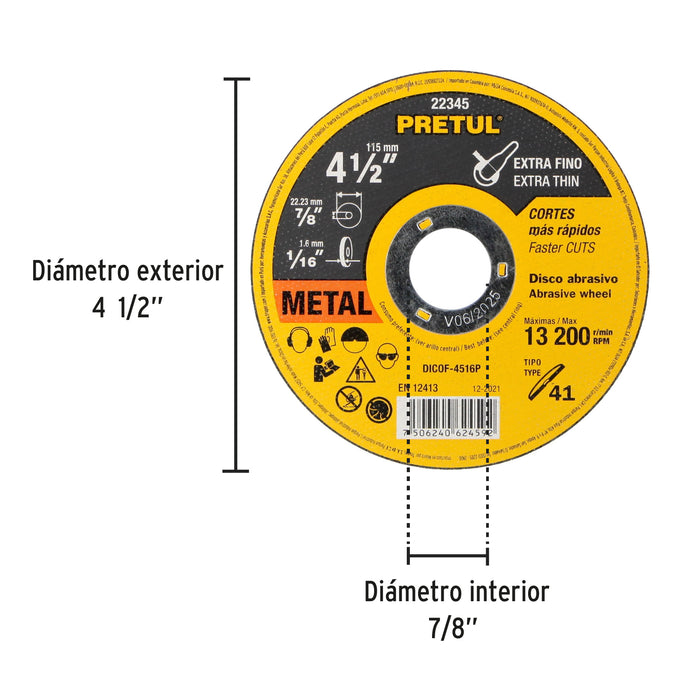 Disco Tipo 41 de 4-1/2' x 1.6 mm corte fino de metal, Pretul 22345 DICOF-4516P