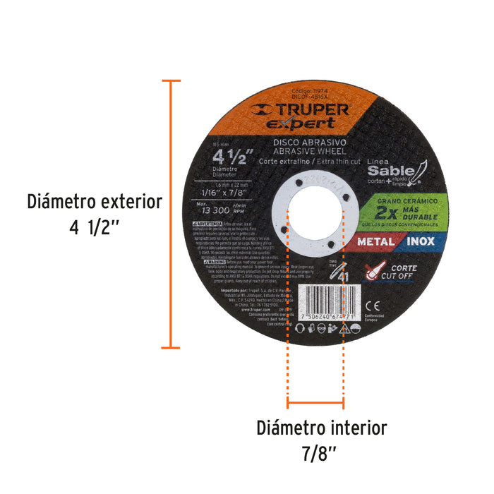 Disco Tipo 41 de 4-1/2' x 1.6 mm corte fino de metal, Expert 11974 DICOF-4516X