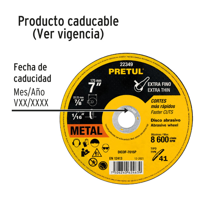 Disco Tipo 41 de 7' x 1.5 mm corte fino de metal, Pretul 22349 DICOF-7015P