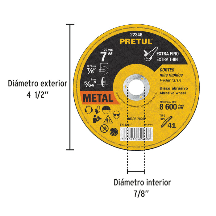 Disco Tipo 41 de 7' x 2 mm corte fino de metal, Sable 11586 DICOF-7020