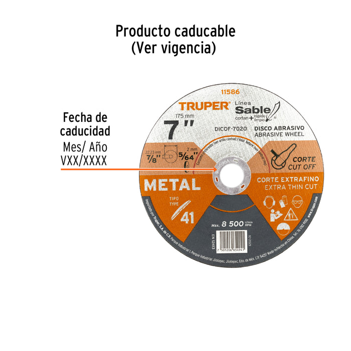 Disco Tipo 41 de 7' x 2 mm corte fino de metal, Sable 11586 DICOF-7020