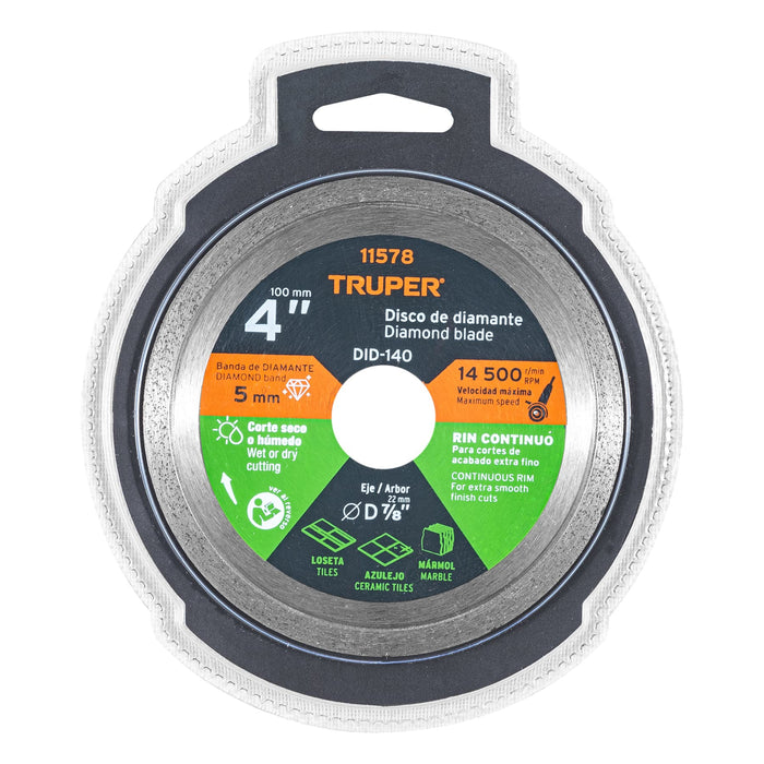 Disco de diamante de 4' x 1.6 mm rin continuo, Truper 11578 DID-140