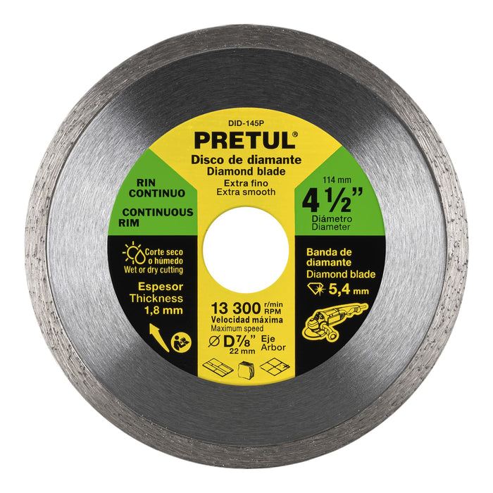 Disco de diamante de 4-1/2' x 1.8 mm rin continuo, Pretul 21009 DID-145P