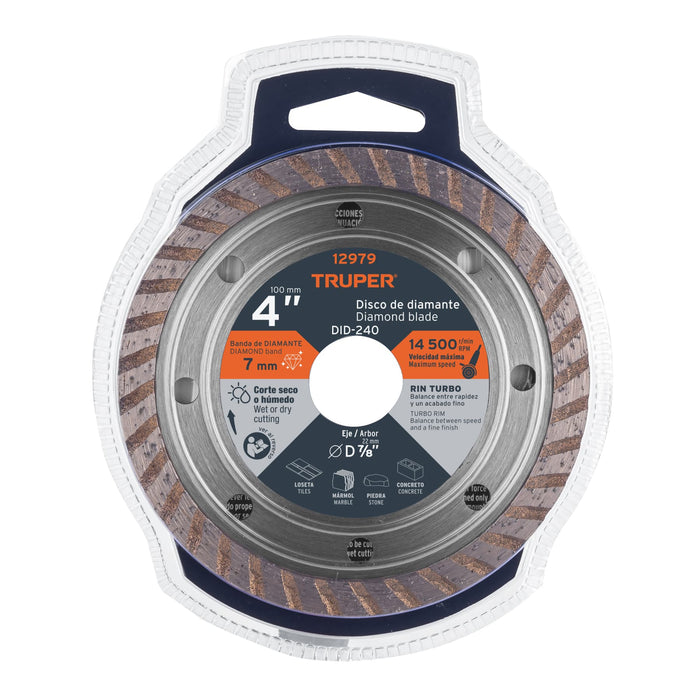 Disco de diamante de 4' x 2.2 mm rin turbo, Truper 12979 DID-240