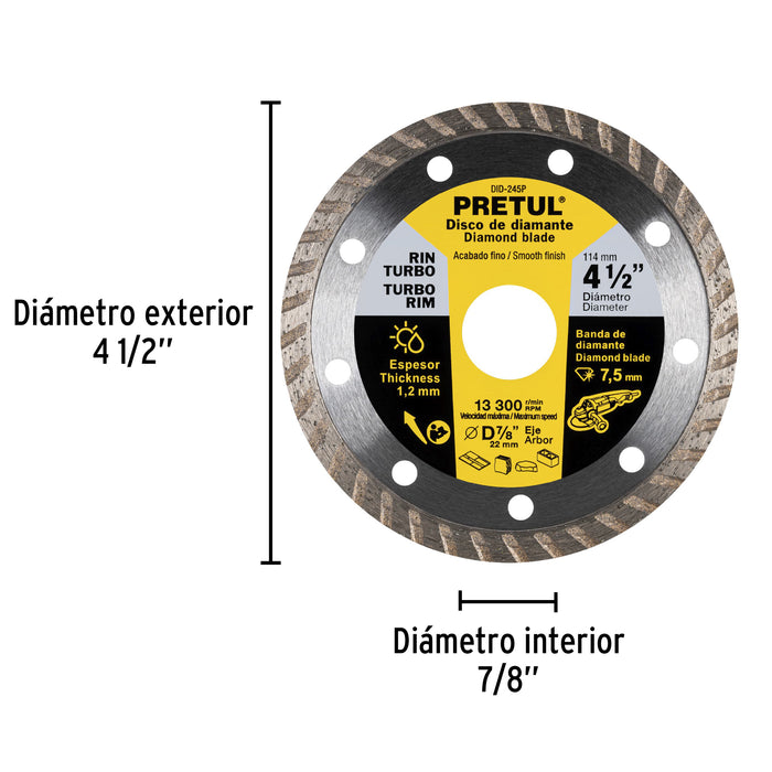 Disco de diamante de 4-1/2' x 1.2 mm rin turbo, Pretul 27017 DID-245P