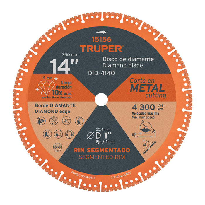 Disco de diamante de 14' x 2.6 mm para corte metal, Truper 15156 DID-4140