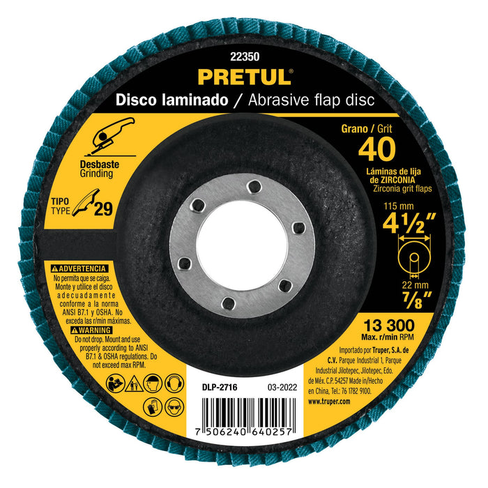 Disco 4-1/2' laminado grano 40 centro 7/8', Pretul 22350 DLP-2716