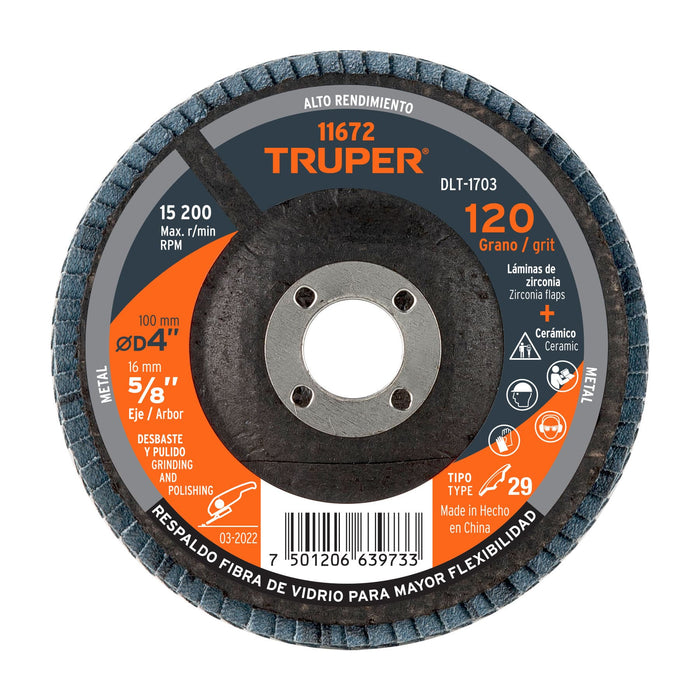 Disco laminado 4', grano 120 centro 5/8', Truper 11672 DLT-1703