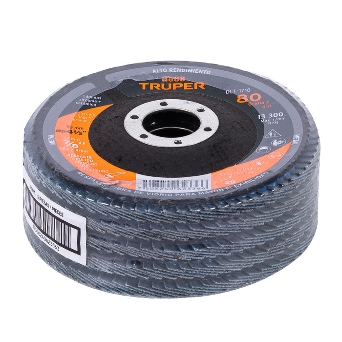 Disco 4-1/2' laminado grano 80 centro 7/8', Truper 11688 DLT-1718