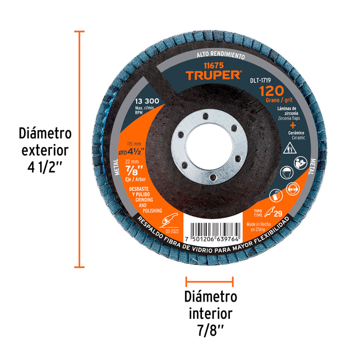 Disco 4-1/2' laminado grano 120 centro 7/8', Truper 11675 DLT-1719