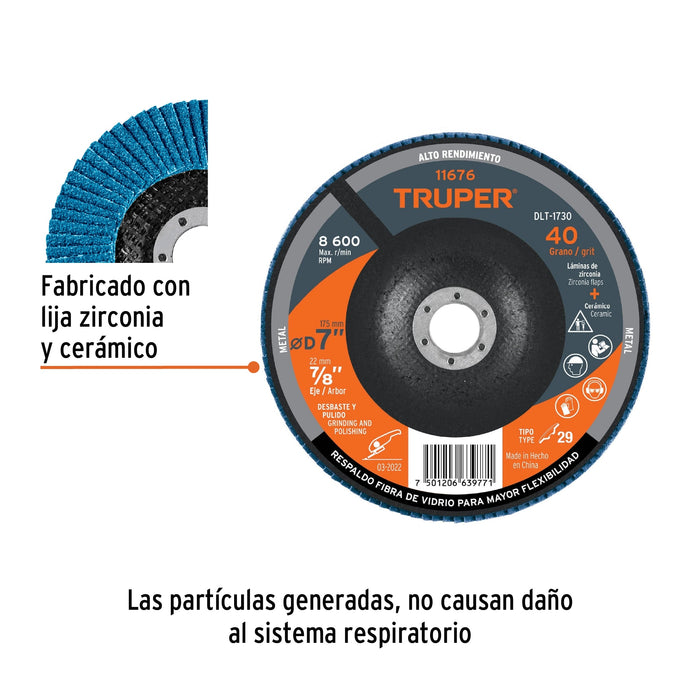 Disco 7' laminado grano 40 centro 7/8', Truper 11676 DLT-1730
