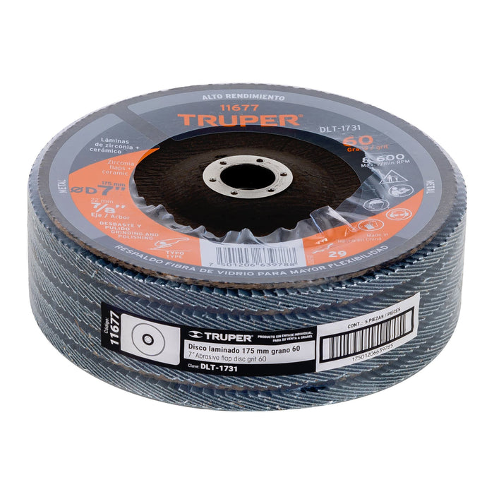 Disco 7' laminado grano 60 centro 7/8', Truper 11677 DLT-1731