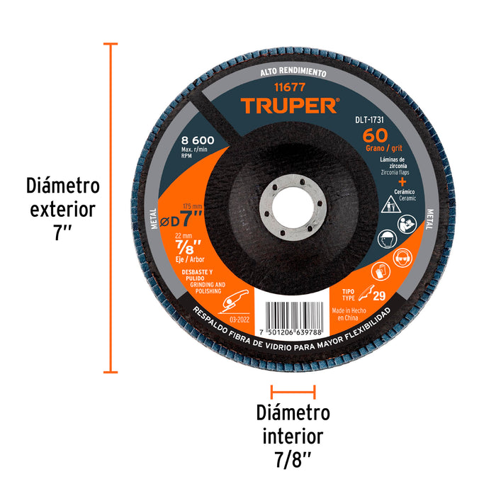 Disco 7' laminado grano 60 centro 7/8', Truper 11677 DLT-1731