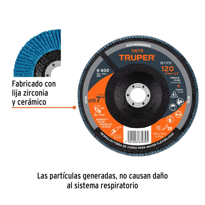 Disco 7' laminado grano 120 centro 7/8', Truper 11678 DLT-1733