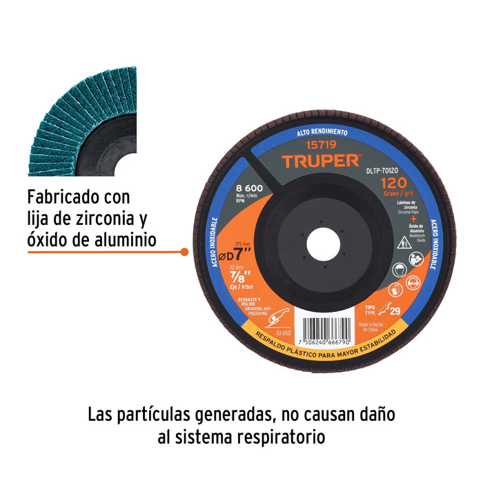 Disco 7' laminado respaldo plástico grano 120 centro 7/8' 15719 DLTP-70120