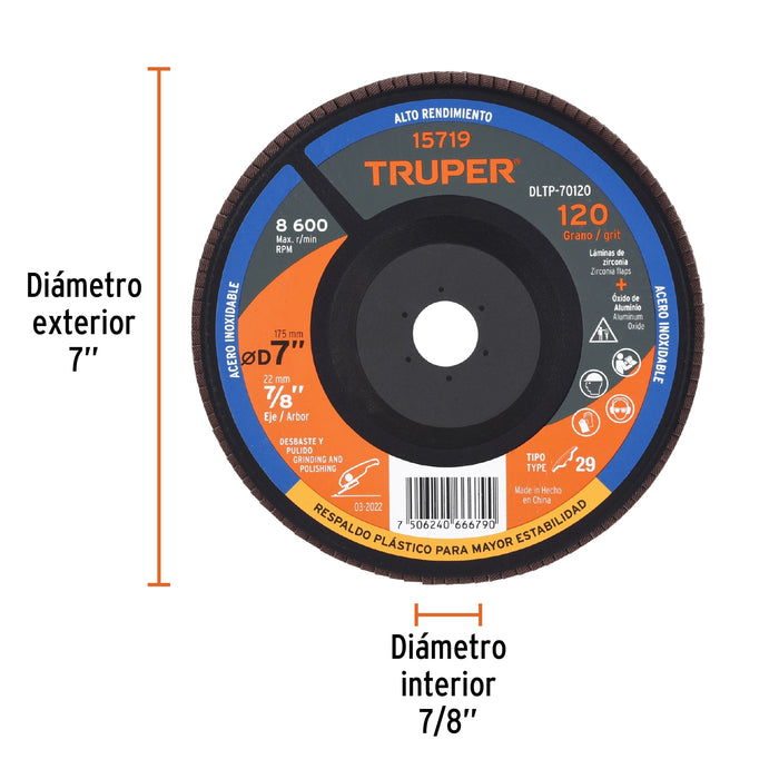 Disco 7' laminado respaldo plástico grano 120 centro 7/8' 15719 DLTP-70120