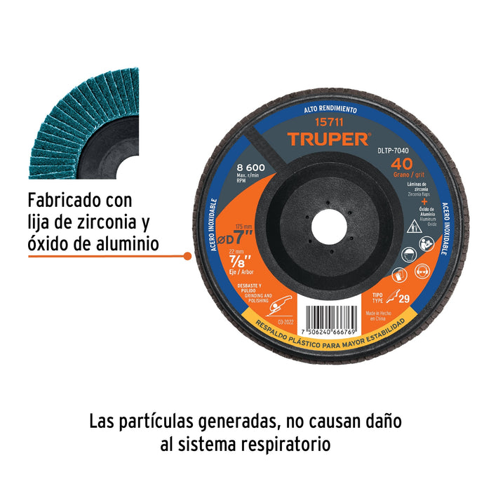 Disco 7' laminado respaldo plástico grano 40 centro 7/8' 15711 DLTP-7040