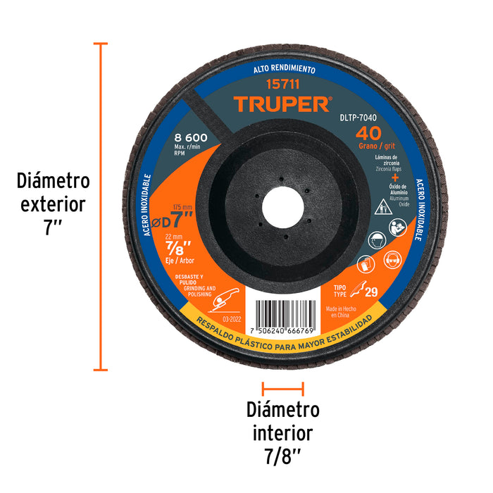 Disco 7' laminado respaldo plástico grano 40 centro 7/8' 15711 DLTP-7040