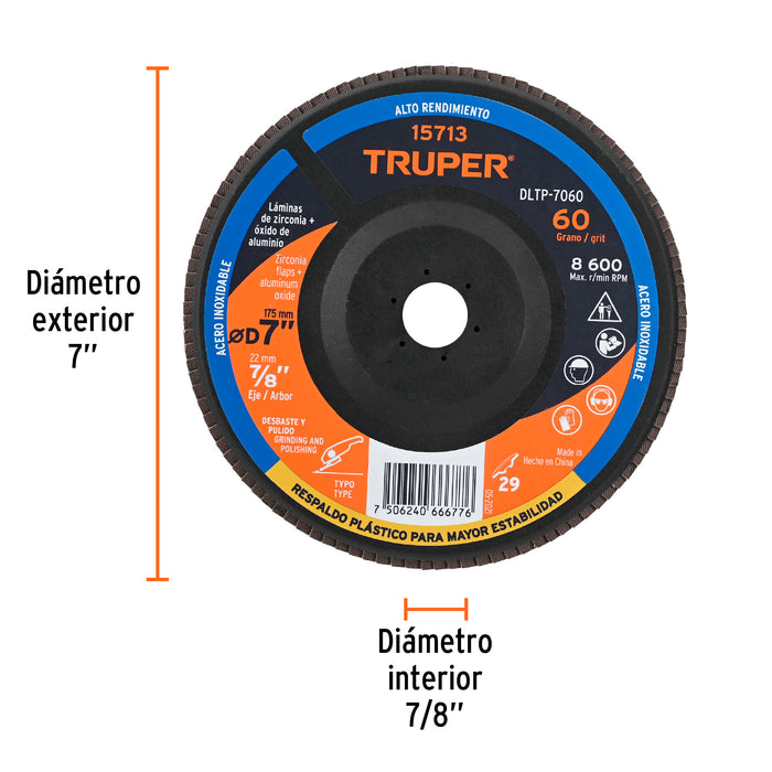 Disco 7' laminado respaldo plástico grano 60 centro 7/8' 15713 DLTP-7060