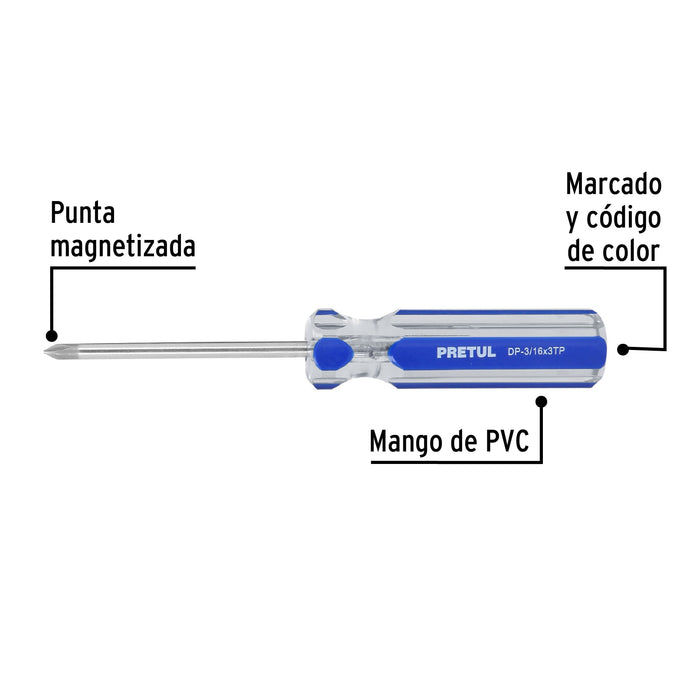 Desarmador de cruz 3/16 x 3' mango de PVC, Pretul 21471