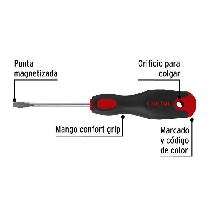 Desarmador plano 3/16 x 3' mango Comfort Grip, Pretul 21478