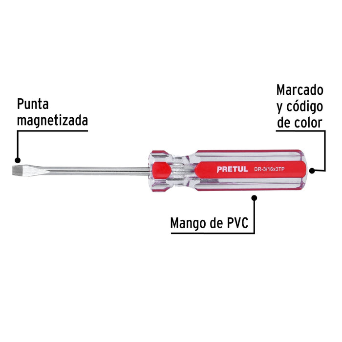Desarmador plano 3/16 x 3' mango de PVC, Pretul 21456