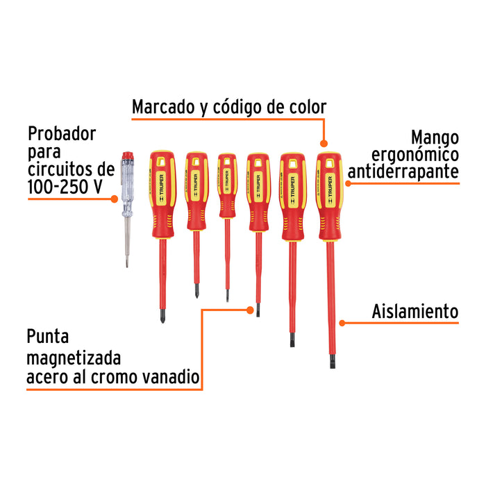 Juego 6 desarmadores dieléctricos y 1 probador de corriente 14196 DTJ-7D