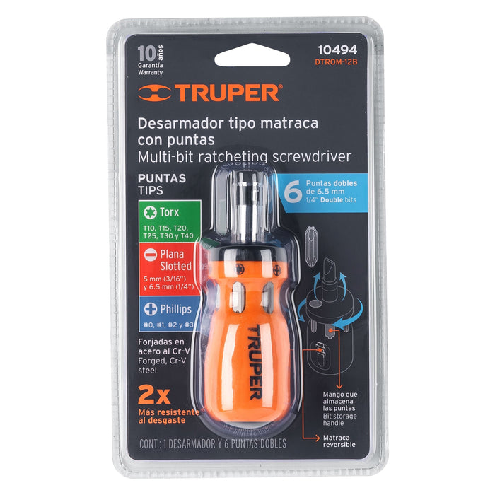 Desarmador tipo trompo con matraca, 6 puntas dobles, blíster 10494 DTROM-12B