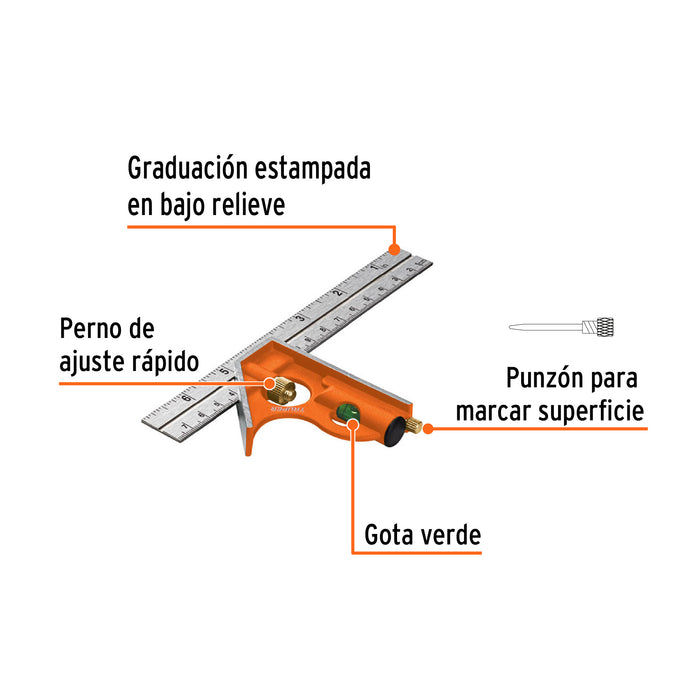Escuadra 7' de combinación con punzón para marcar, Truper 14369 ECT-6