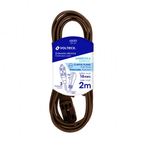Extensión eléctrica doméstica 2 m café con clavija plana 48001 ED-2C