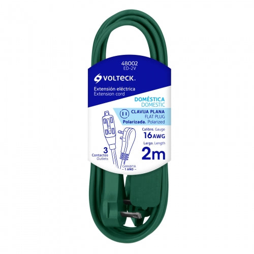 Extensión eléctrica doméstica 2 m verde con clavija plana 48002 ED-2V
