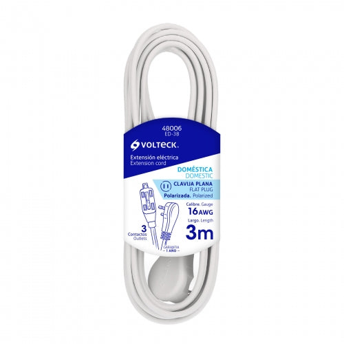 Extensión eléctrica doméstica 3 m blanca con clavija plana 48006 ED-3B