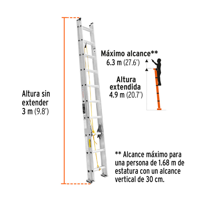 Escalera de extensión, tipo III, 20 peldaños, Truper 16027 ESE-20