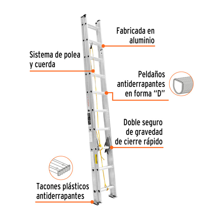 Escalera de extensión, tipo III, 20 peldaños, Truper 16027 ESE-20
