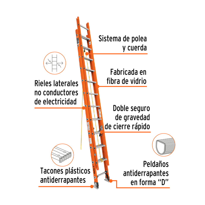 Escalera de extensión, tipo II, 24 peldaños, fibra de vidrio 16757 ESE-224FV