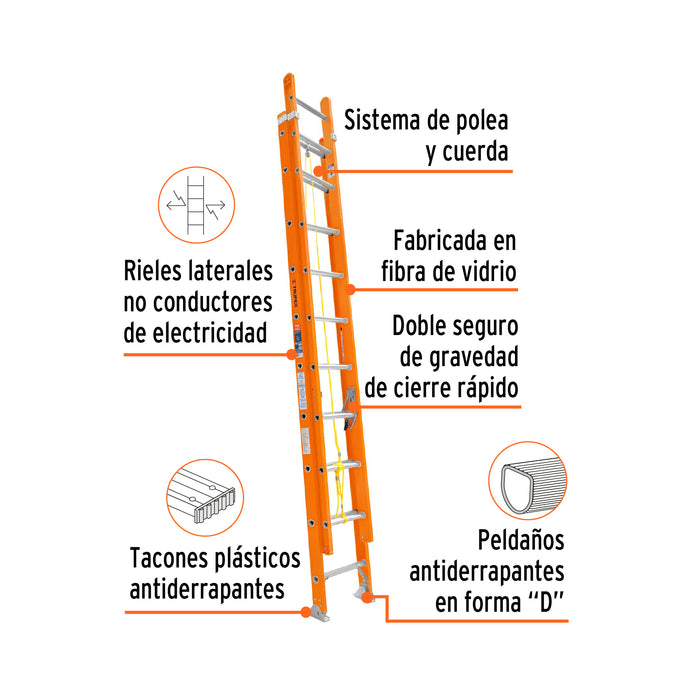 Escalera de extensión, tipo II, 28 peldaños, fibra de vidrio 100229 ESE-228FV
