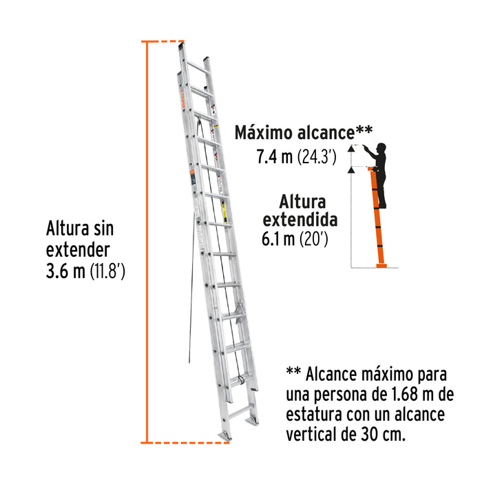 Escalera de extensión, tipo III, 24 peldaños, Truper 16028 ESE-24
