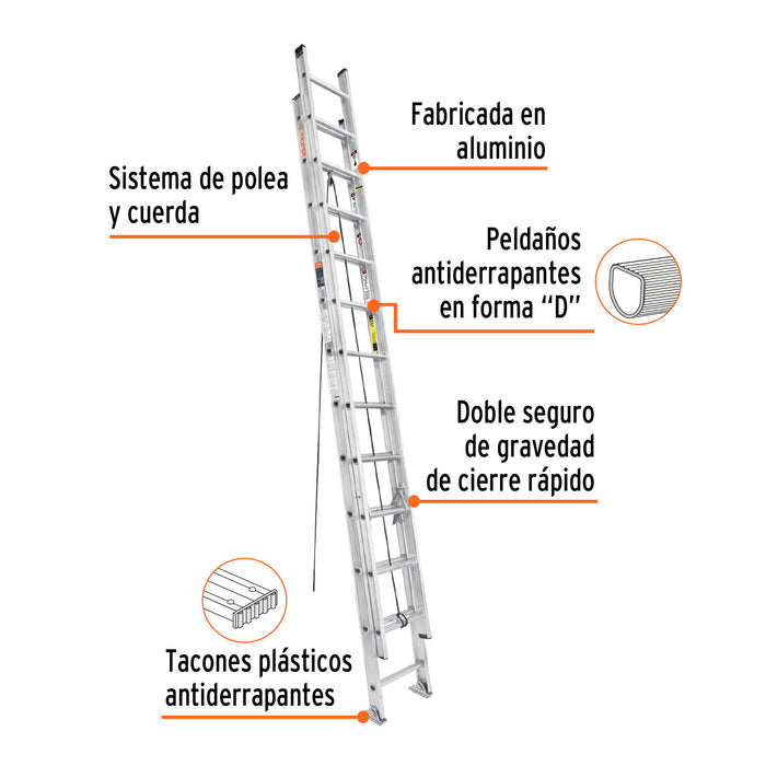 Escalera de extensión, tipo III, 24 peldaños, Truper 16028 ESE-24