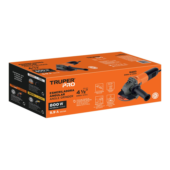 Esmeriladora angular 4-1/2' 800 W, profesional, Truper 16683 ESMA-4-1/2A9