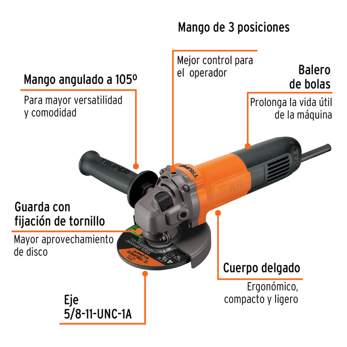 Esmeriladora angular 4-1/2' 800 W, profesional, Truper 16683 ESMA-4-1/2A9