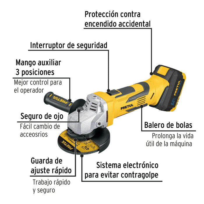 Esmeriladora angular inalámbrica 4-1/2', 20 V, Pretul 28267 ESMI-20P