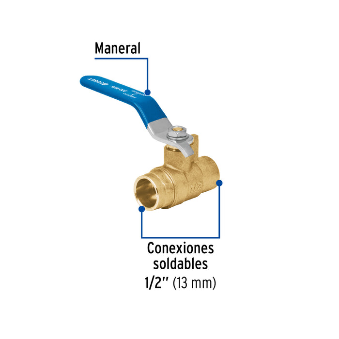 Válvula de esfera, de latón, soldable, 1/2', alta presión 49481