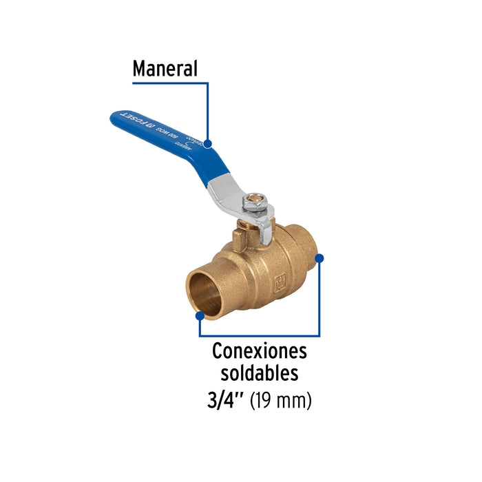 Válvula de esfera, de latón, soldable, 3/4', alta presión 49482