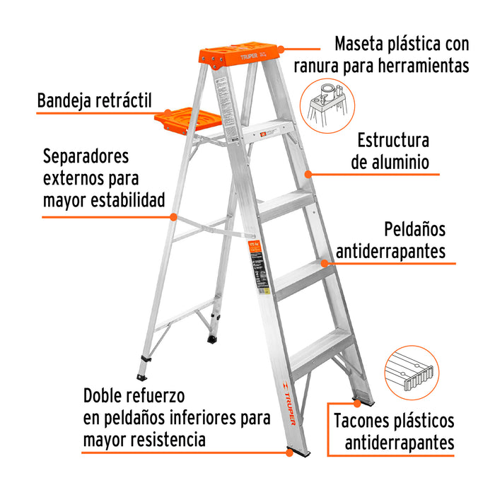 Escalera de tijera tipo ll 4 peldaños y bandeja, Truper 10264 EST-24