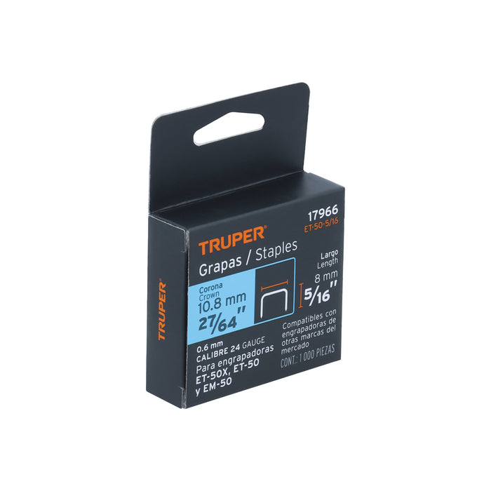 Caja con 1000 grapas 5/16' corona 10.7 mm para ET-50, Truper Código: 17966